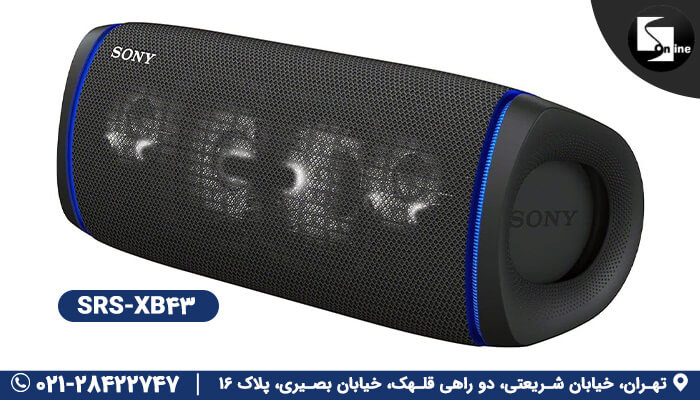 اسپیکر بلوتوثی قابل حمل سونی مدل SRS-XB43 با رنگ مشکی با نور LED آبی، نمای کناری و قابل استفاده در فضاهای باز و تفریحی است. 