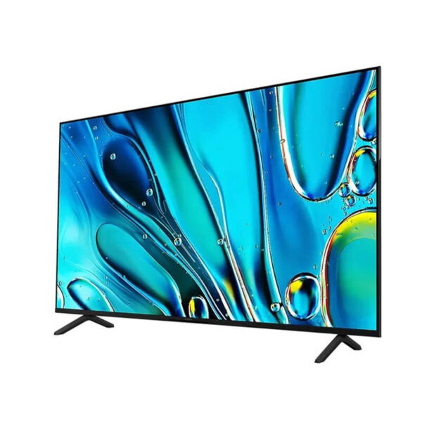 نمای زاویه دار تلویزیون 65 اینچی S30 سونی روی پایه با صفحه نمایش رنگارنگ