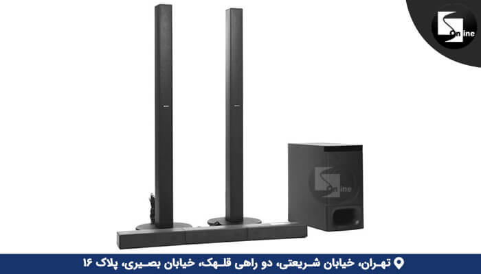 ساندبار سونی به همراه دو بلندگوی ایستاده و ساب‌ووفر مشکی در یک ست کامل صوتی خانگی

